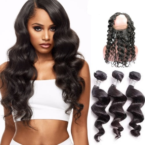 Hair-N-Paris Premium Loose Wave 360 Frontal and 3 Bundle Mixed Length Set