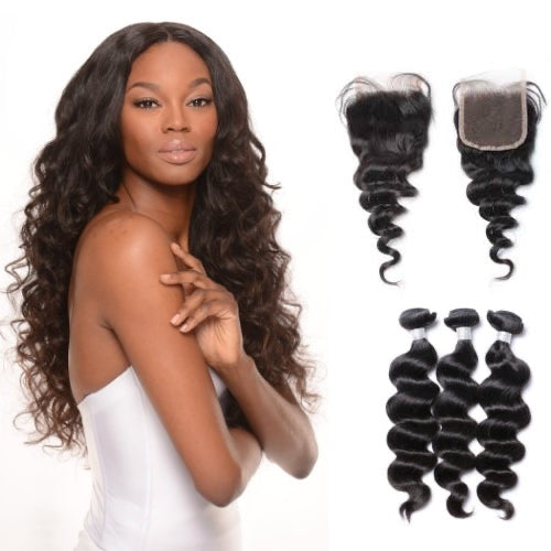 Hair-N-Paris Premium Loose Wave Bundles with Silk or Lace Closure Set