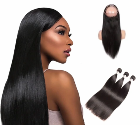 Premium Straight 360 Lace Frontal and 3 Bundle Set